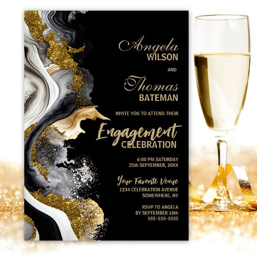 Black Gold Agate Marble Engagement Party Kaart