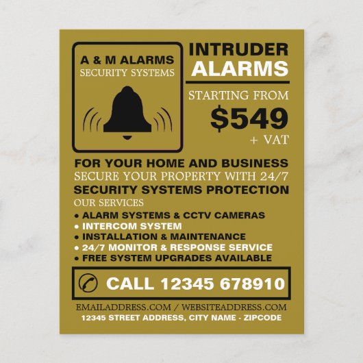 Black & Gold Alarm Logo, Security Alarm Service Flyer (Voorkant)