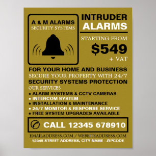 Black & Gold Alarm Logo, Security Alarm Service Poster