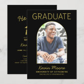 Black Gold Arch Photo Afstuderen Invitation Kaart (Voorkant / Achterkant)