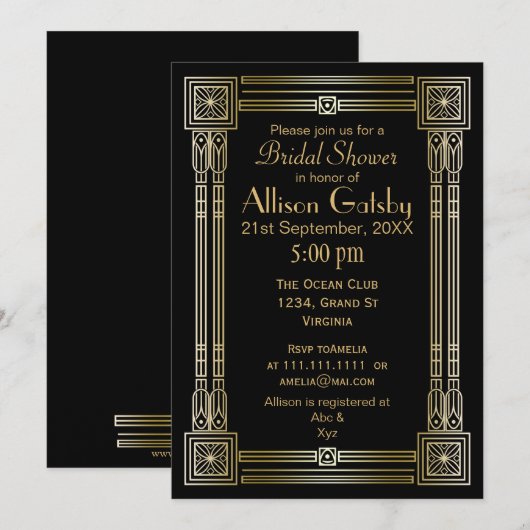 Black Gold Art déco douche nuptiale Invitation (Devant / Derrière)