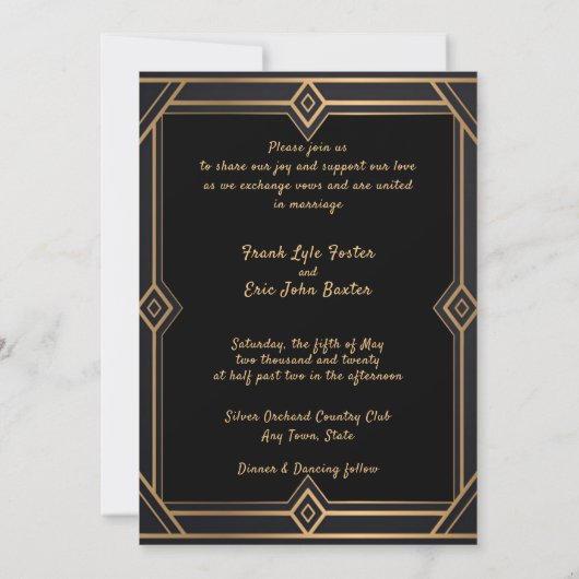 Black Gold Art Déco Faire-part de mariage gay/lesb (Dos)