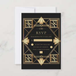 Black & Gold Art Deco Geometric Wedding  RSVP Kaartje