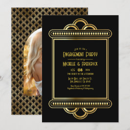 Black & Gold Art Deco Gold Engagement Party Photo Kaart