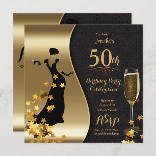Black & Gold Art Déco Invitation 50e anniversaire (Devant / Derrière)