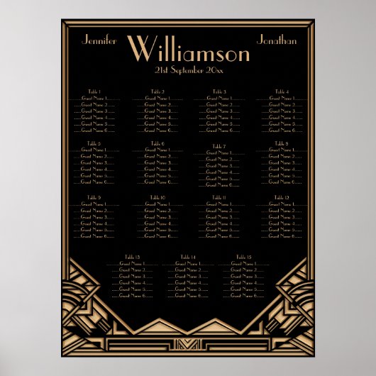 Black Gold Art Deco Style Wedding Seating Chart Poster (Voorkant)