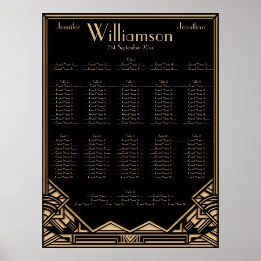 Black Gold Art Deco Style Wedding Seating Chart Poster (Voorkant)
