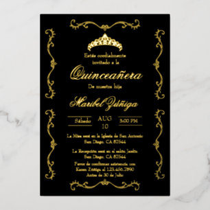Black Gold avec couronne Quinceanera invitation Fo