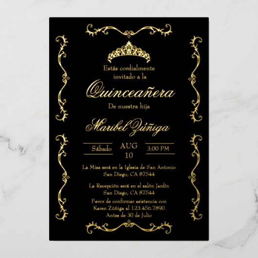Black Gold avec couronne Quinceanera invitation Fo (Recto)