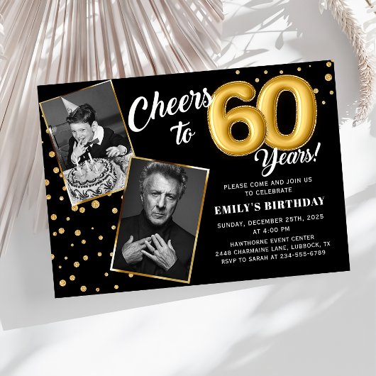 Black Gold Balloons 60th Birthday Photo Invitation