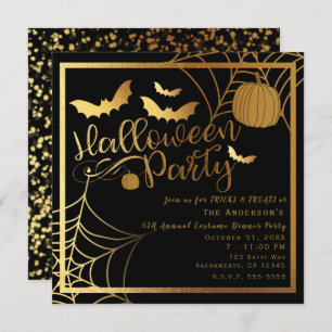 Black & Gold Bats Pumpkin Elegant Halloween Party Kaart