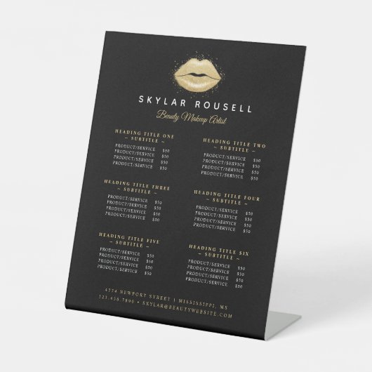 Black & Gold Beauty Lips Luxe Service Prijzen Reclamebord Met Voetstuk (Voorkant)