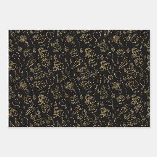Black/Gold Birthday Pattern Inpakpapier Vel (Voorkant 3)