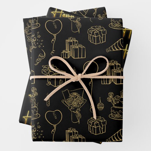 Black/Gold Birthday Pattern Inpakpapier Vel (In situ)