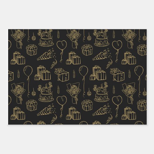 Black/Gold Birthday Pattern Inpakpapier Vel (Voorkant)