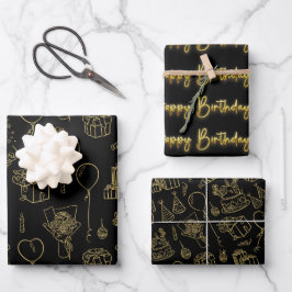 Black/Gold Birthday Pattern Inpakpapier Vel