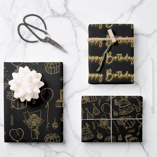 Black/Gold Birthday Pattern Inpakpapier Vel (Voorkant)