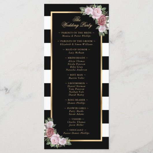 Black Gold Blush rose Floral Programme de mariage (Dos)