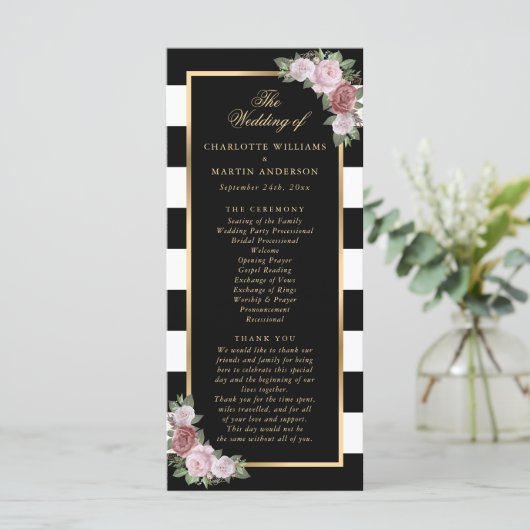 Black Gold Blush rose Floral Programme de mariage (Debout devant)