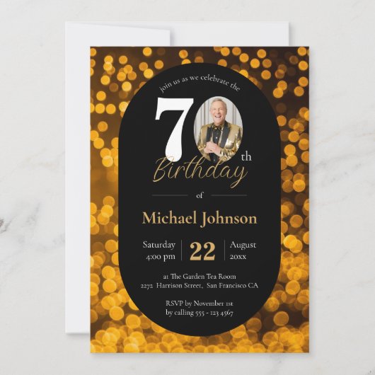 Black Gold Bokeh Photo 70th Birthday Invitation (Devant)