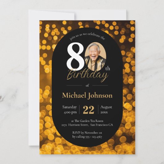 Black Gold Bokeh Photo Invitation d'anniversaire 8 (Devant)