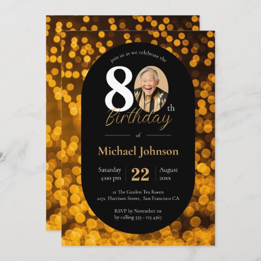 Black Gold Bokeh Photo Invitation d'anniversaire 8 (Devant / Derrière)