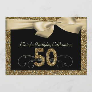 Black Gold Bow 50th Woman's Birthday Invitation Kaart