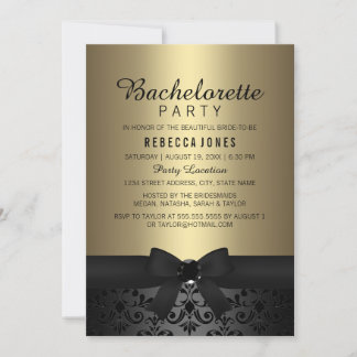 Black & Gold Bow Bachelorette Party Uitnodigen Kaart