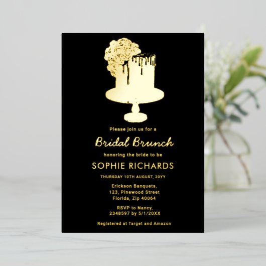 Black Gold Bridal Brunch Luncheon Foil Invitation (Debout devant)