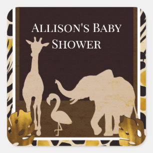 Black Gold Brown Zoo Animals Safari Print Party Vierkante Sticker