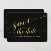 Black & Gold Calligraphy Wedding Save the Date Kaart (Voorkant / Achterkant)