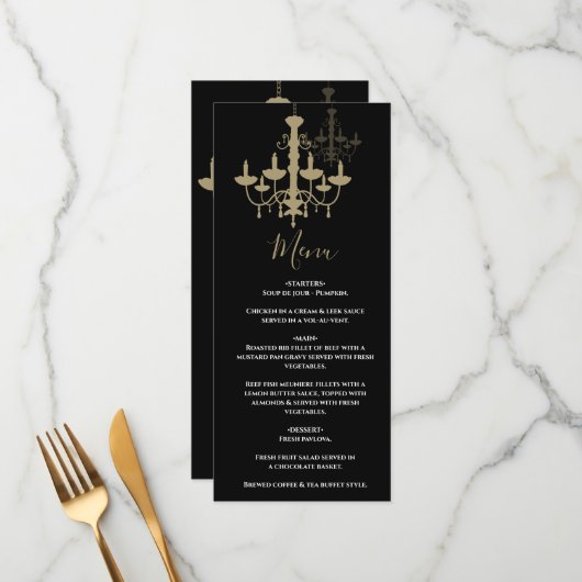 Black Gold Chandelier Wedding Menu (Voorkant / Achterkant in situ)