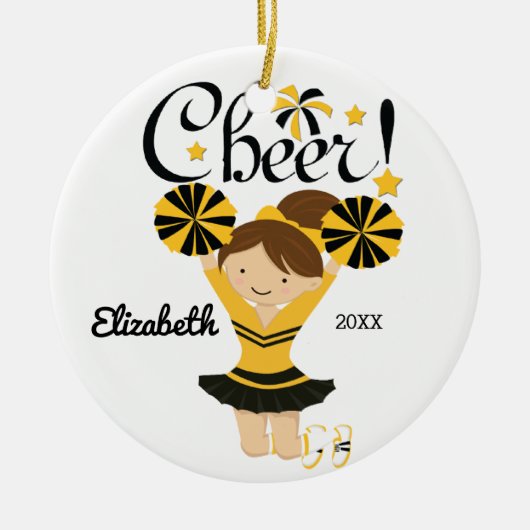 Black & Gold Cheer Brunette Cheerleader Ornament (Voorkant)