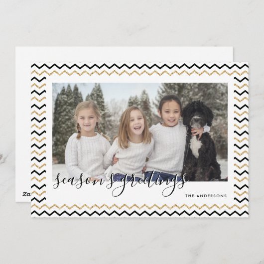 Black Gold Chevron Foto Seizoenskaarten Feestdagenkaart (Voorkant / Achterkant)