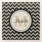 Black Gold Chevron Monogram Glazen Onderzetter (Voorkant)