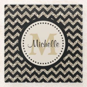 Black Gold Chevron Monogram Glazen Onderzetter