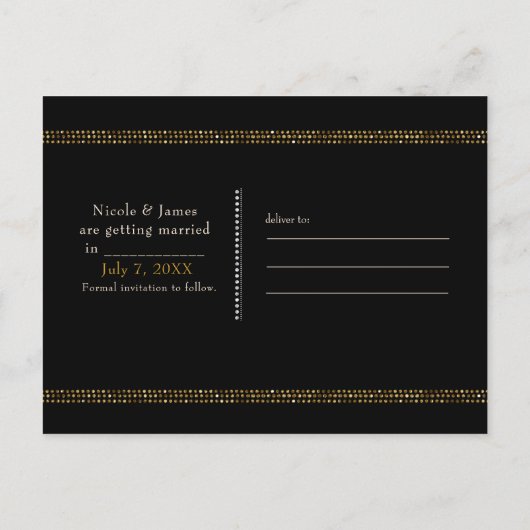 Black & Gold Chic Sparkling Glam Bewaar de datum Aankondigingskaart (Achterkant)
