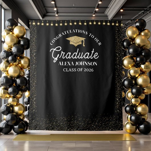 Black & Gold Class Of 2026 Graduation Backdrop Wandkleed