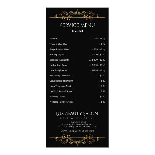 Black Gold Classic Swirls Service Price List Menu (Devant)