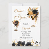 Black Gold Cocktails Drinks Florals 30th Birthday Kaart (Voorkant)