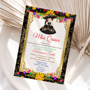 Black Gold Colorful Floral Quinceañera Uitnodiging