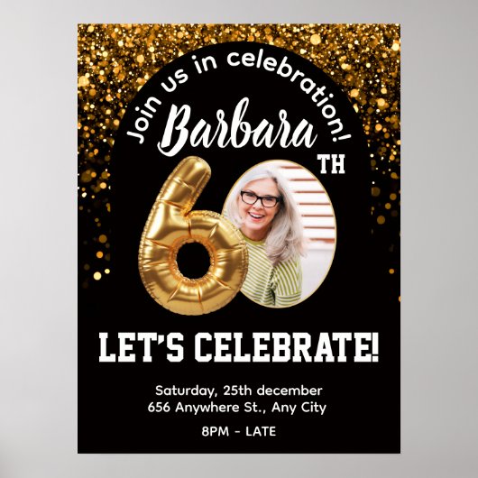 Black Gold Confetti Birthday Invite 60th Poster (Voorkant)
