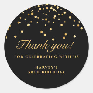 Black & Gold Confetti Birthday Sticker, bedankt Ronde Sticker