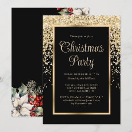 Black Gold Confetti Botanical Christmas Party Kaart