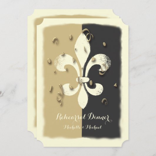 Black Gold Confetti Fleur de Lis Invitation (Devant / Derrière)