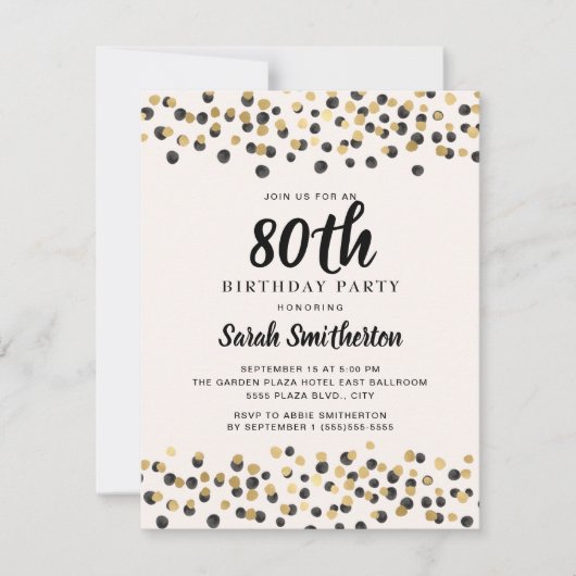 Black Gold Confetti Glitter 80th Birthday Kaart (Voorkant)