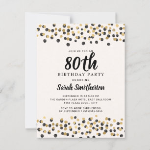 Black Gold Confetti Glitter 80th Birthday Kaart