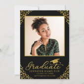 Black Gold Confetti Photo Afstuderen Aankondiging (Voorkant)