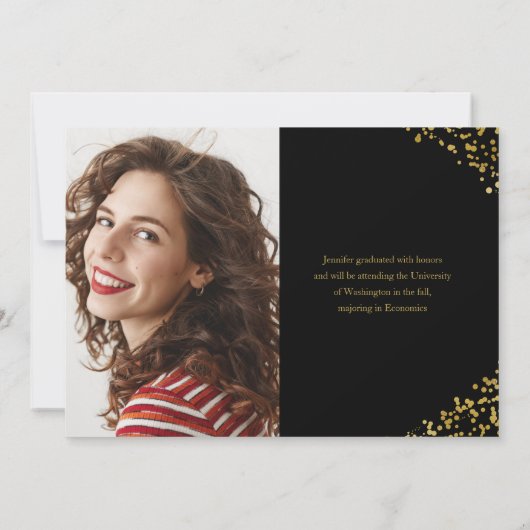 Black Gold Confetti Photo Afstuderen Aankondiging (Achterkant)