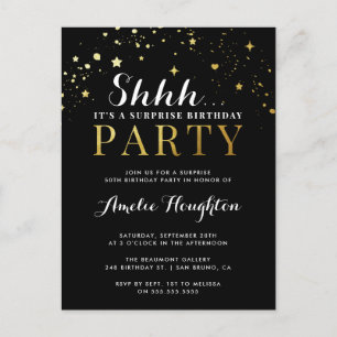 Black & Gold Confetti Shhh... Verrassingsfeest Uitnodiging Briefkaart